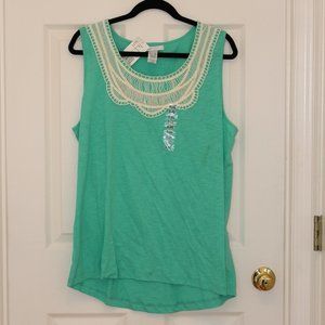 Liz Wear Light Green Tank Top with Off White Lace Size XXL